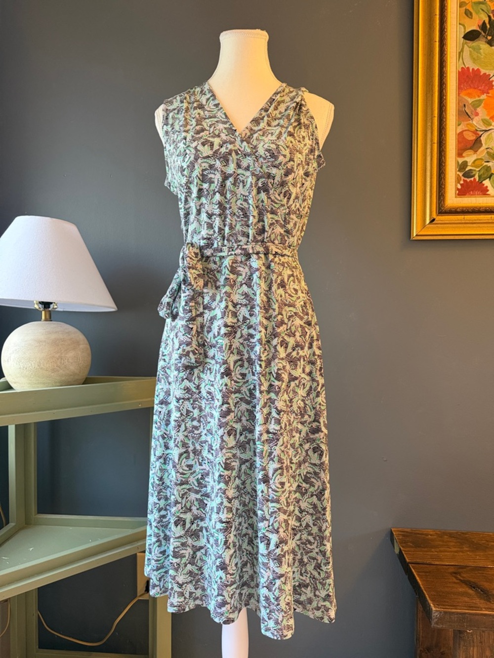 Leota Mint and Navy Bird Print Sleeveless Wrap Midi
